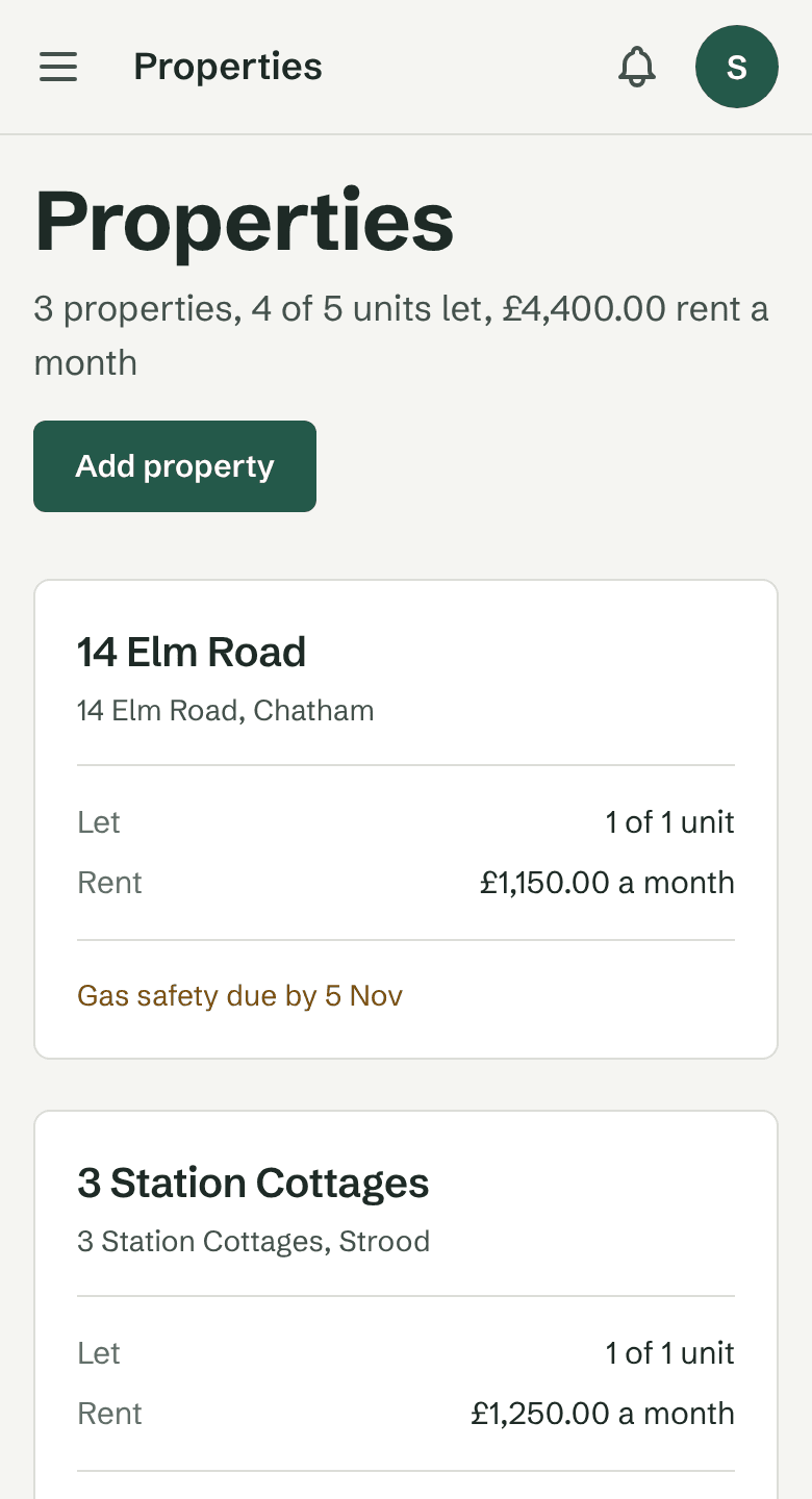 The Properties page: three homes, each with its rent and what needs doing