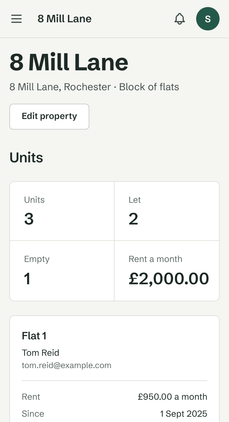 A block of three flats with the tenant and rent of each flat, and a table of certificates