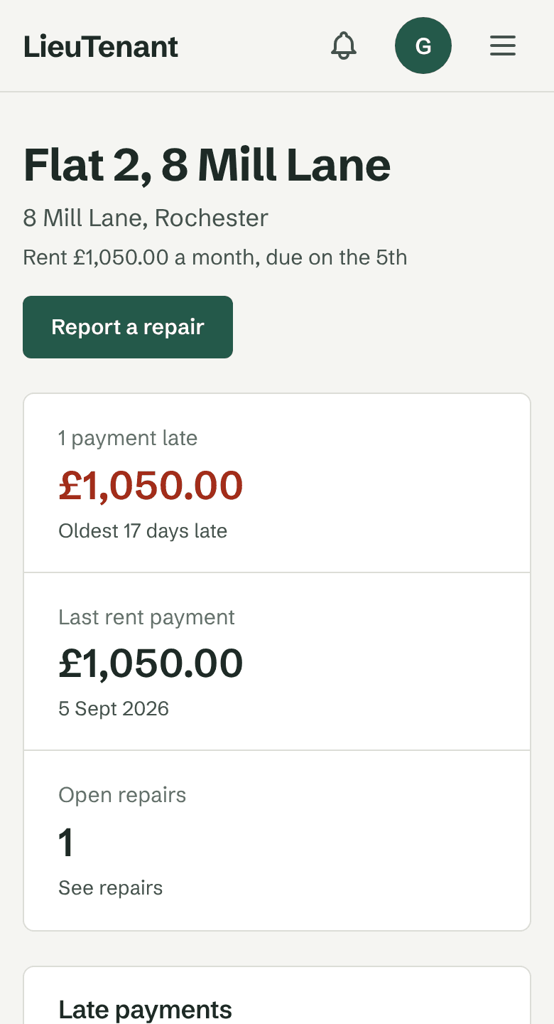The tenant’s home page: rent, a late payment, open repairs and a pet request
