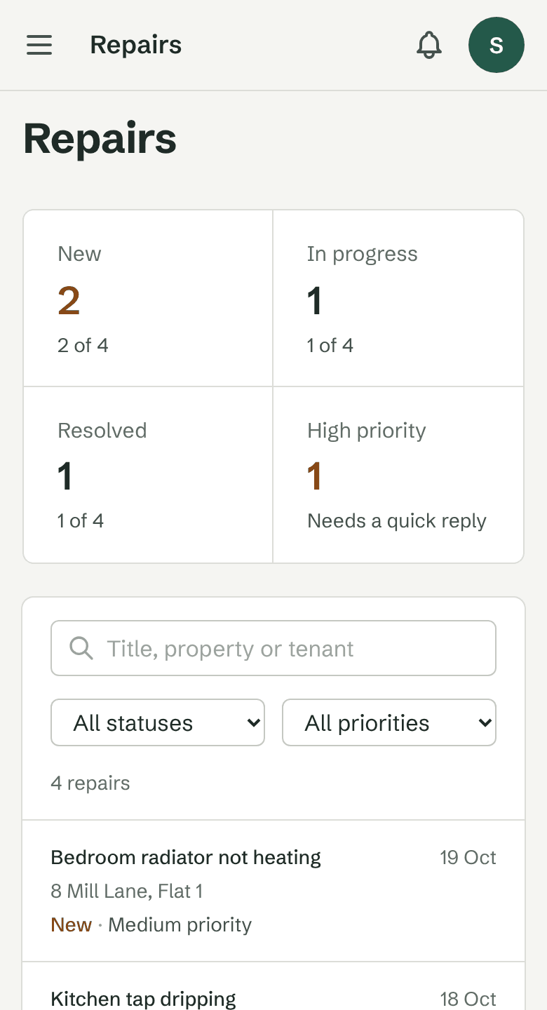 The Repairs page listing four repairs with their status and priority
